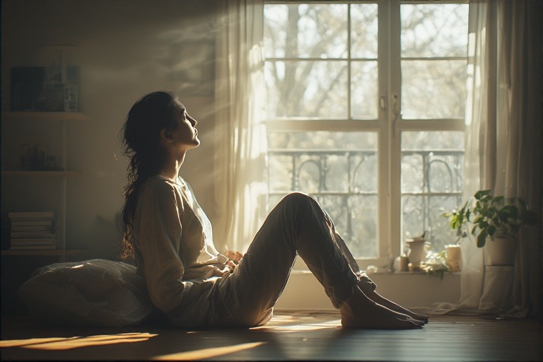 Person resting near a window. emphasizing calm and presence
