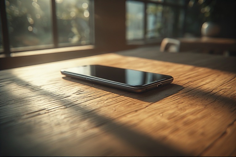 A phone placed on a wooden table near a window, soft daylight streaming in. No notifications, no people actively using tech—just the choice to unplug.