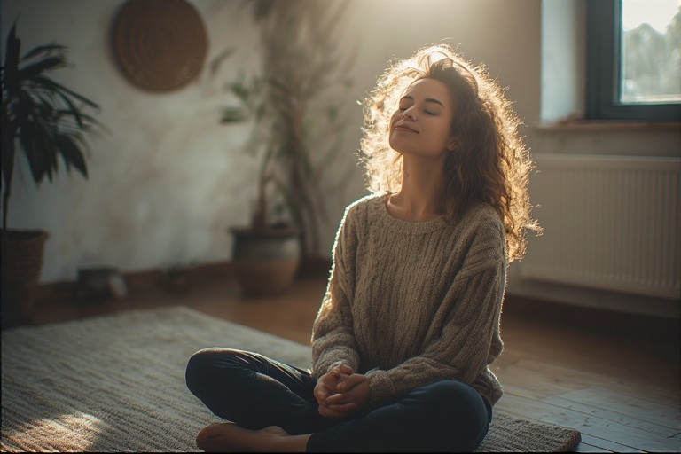 A person sitting quietly indoors, eyes closed, hands resting in their lap after unplugging from technology