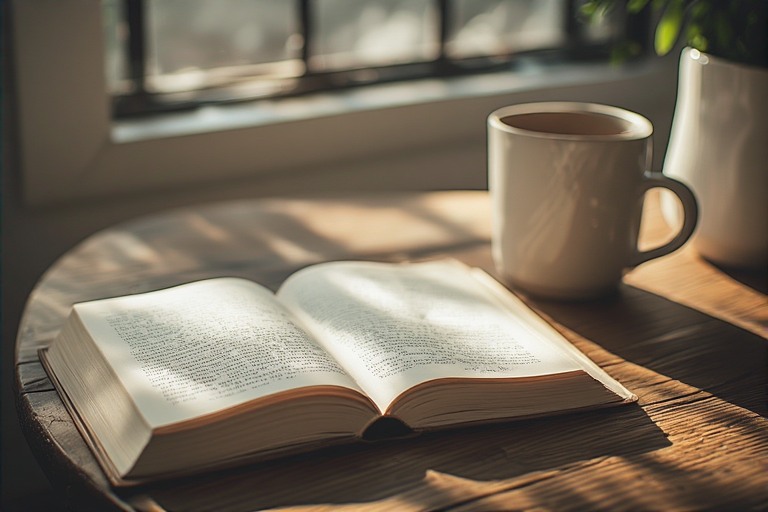 A simple analog moment: a book and a mug on a table, sunlight, no phone in sight.