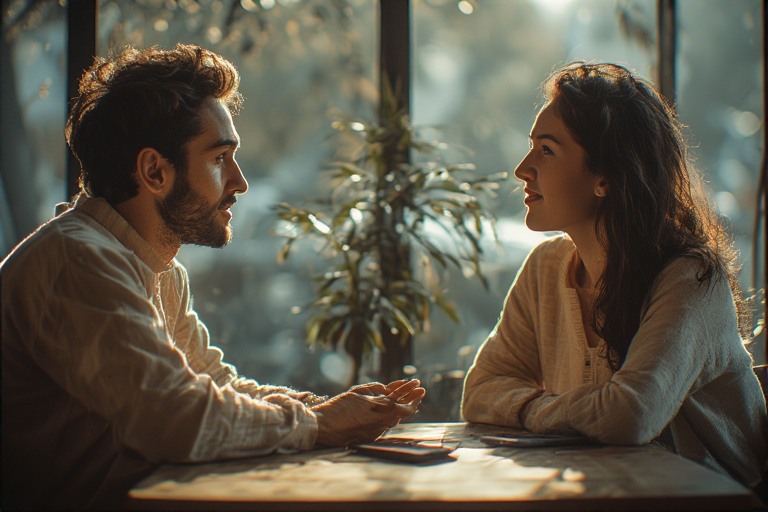 Two people sitting across from each other at a table in natural conversation