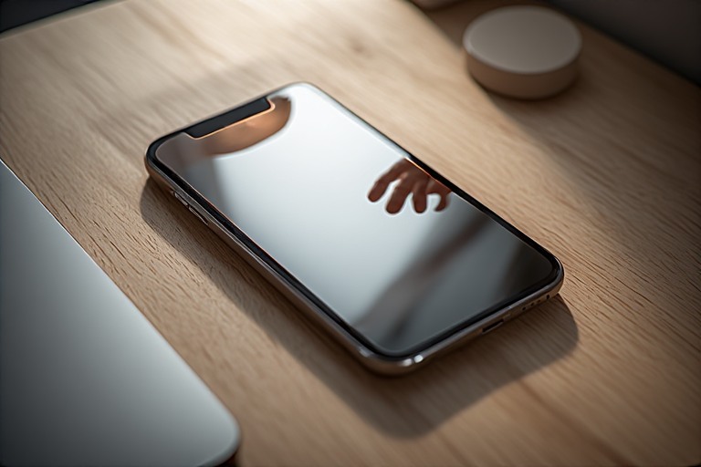 A minimalist desk scene with a smartphone lying face-up. The screen glows softly, but the reflection shows a hand reaching toward it unconsciously—almost like a mirror revealing habit rather than intent.