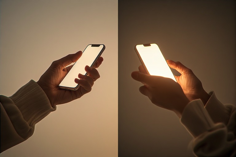 Split image, on the left is someone using their phone normally while on the right is someone dealing with technology addiction