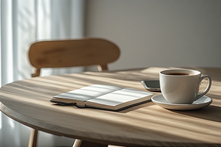smartphone next to unused notebook and cold coffee, empty chair as if someone stood up but never returned, showing life being displaced