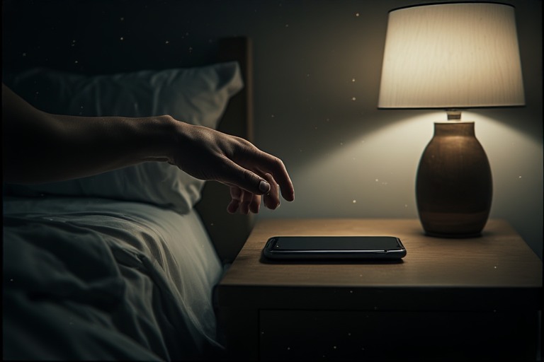 A person’s hand hovering above a phone on a nightstand in low light, not touching it—capturing hesitation and tension.