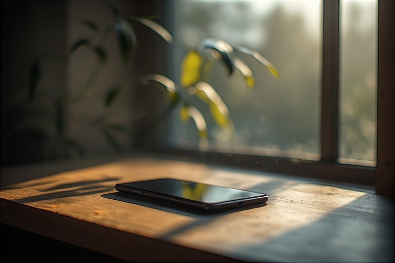 A phone placed on a table near a window, natural light coming in. No hands. No action. Just space