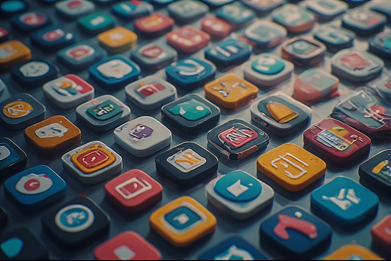 A stylized grid of generic app icons
