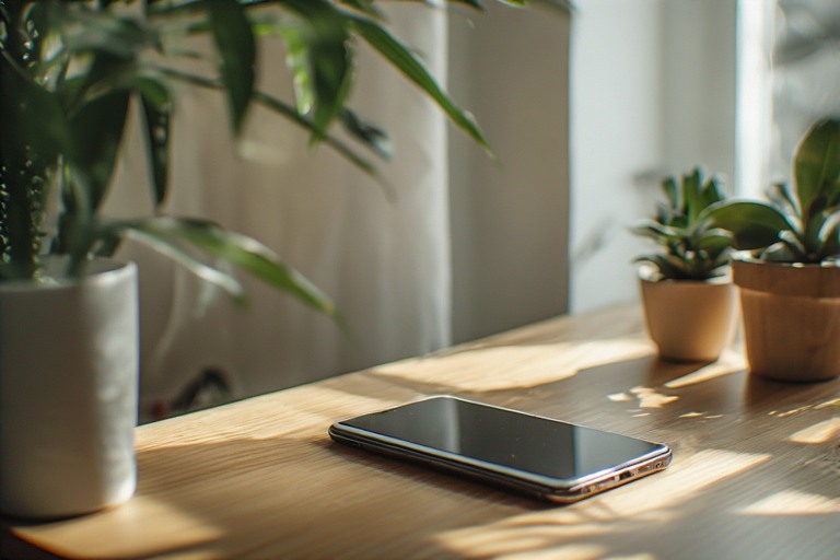 Minimalist desk with a smartphone that has the screen turned off