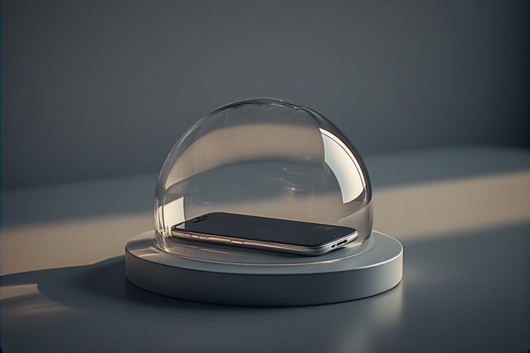 smartphone under a glass dome on a minimalist surface, symbolic of isolation