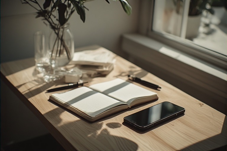 Minimalist desk with notebook and phone.