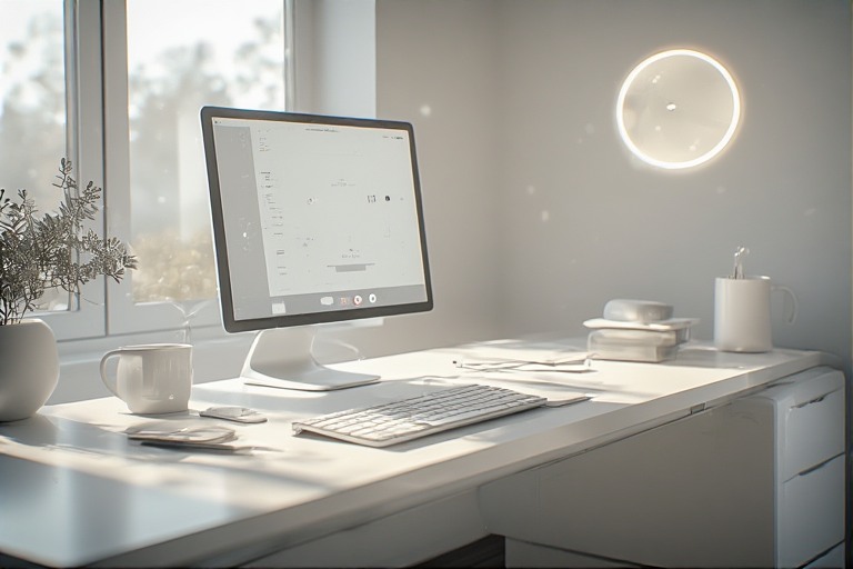 A serene, modern workspace with subtle future tech—clean interfaces, soft light, no chaos, no notifications exploding