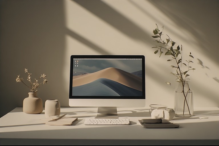 Desktop computer showing intentional technology use, simple icons or tools arranged with clear purpose
