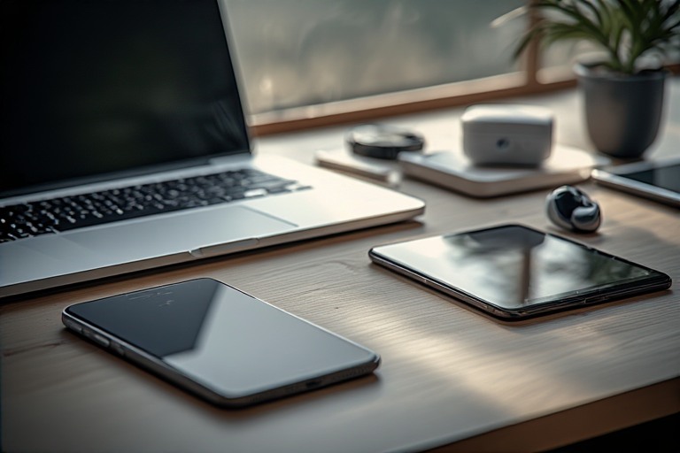 minimal modern desk scene with multiple digital devices arranged neatly but densely