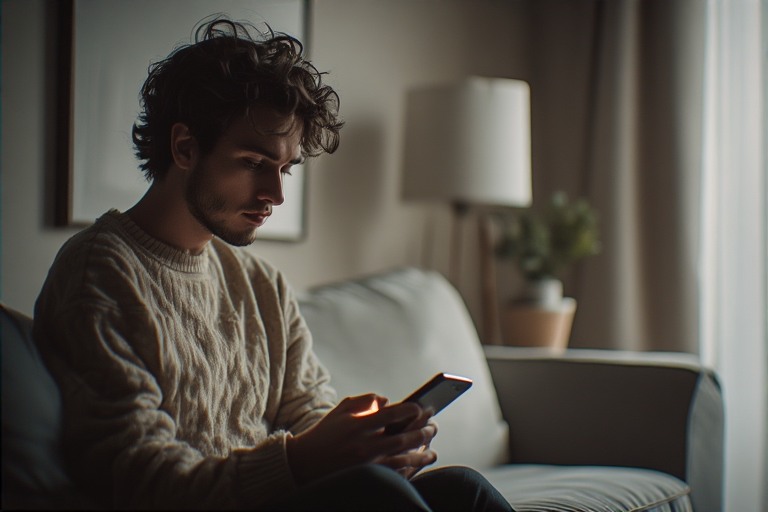 person sitting quietly indoors with a smartphone, immersed in a world of too much technology