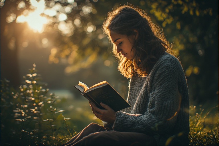 Person reading a book outdoors