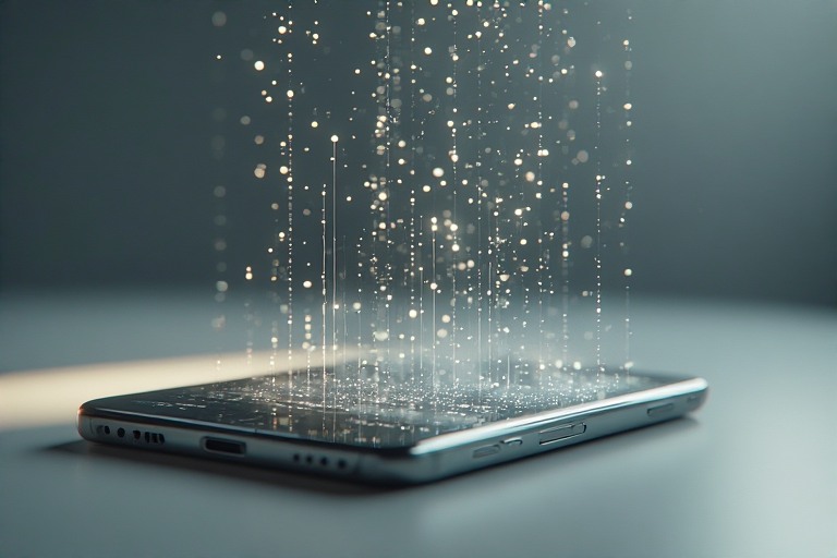 A smartphone resting on a clean surface, its screen glowing softly. Instead of apps, faint abstract elements (data streams, hourglass fragments, eye symbols) are leaking out of the phone like mist—suggesting hidden costs.