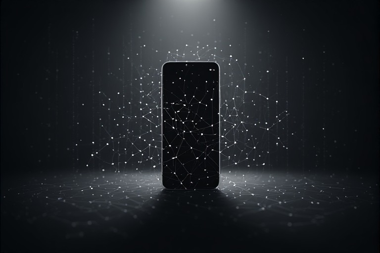 A simple silhouette of a phone casting a shadow made of small data nodes and lines representing data extraction, which represents that your data is the biggest hidden cost of free apps. 