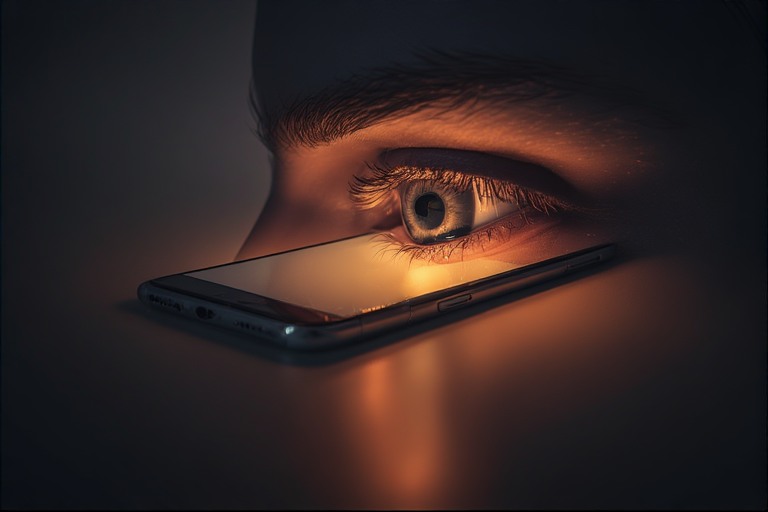 smartphone emitting soft glow, abstract eye shape formed in light