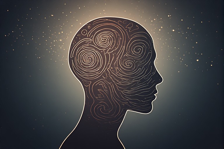 A simplified human head outline filled with repeating scroll-like abstract patterns fading into static. 