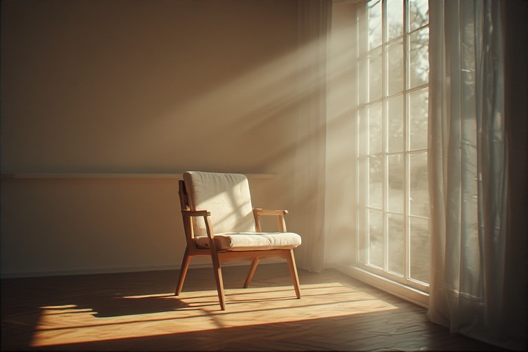 Empty chair near a sunlit window, representing A visually “empty” moment or space to take in the joy of missing out
