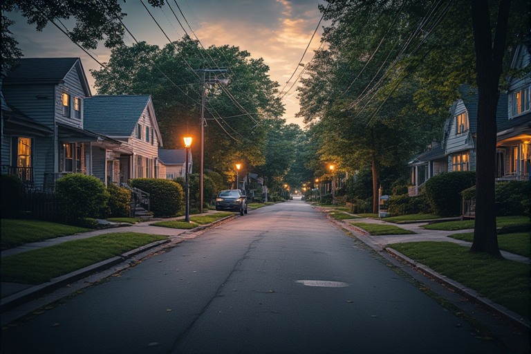 quiet neighborhood street at dusk
