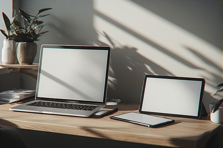 Minimalist desk with organized digital devices representing a digital declutter and focused tech use