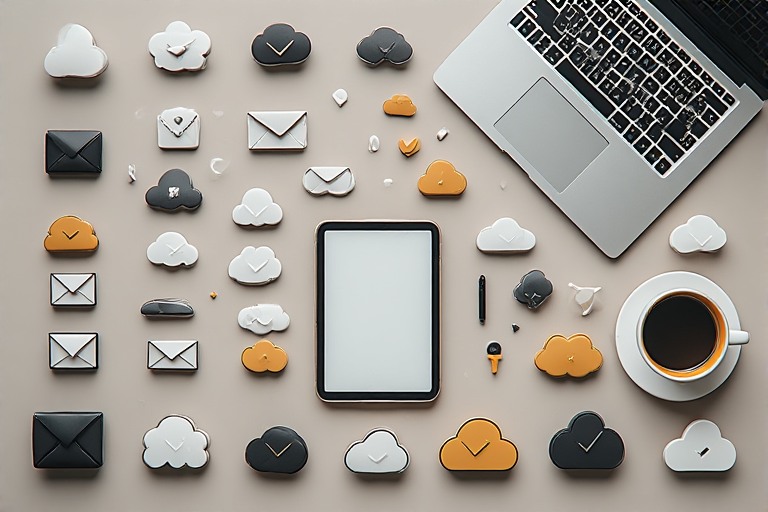 Icons next to a laptop and a tablet representing the start to organization while you work on digital declutter.