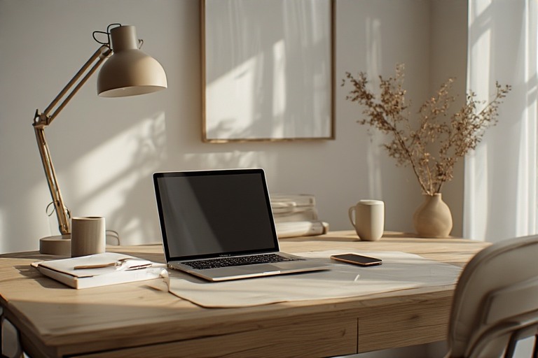 clean desk with laptop and smartphone