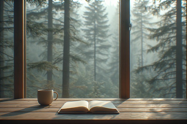 Minimalist desk with notebook and coffee mug overlooking a misty Pacific Northwest forest, representing digital minimalism