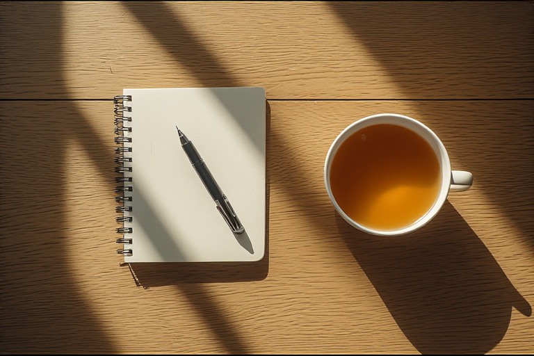Simple flat lay of a notebook, pen, and tea on a wooden table representing intentional minimalism