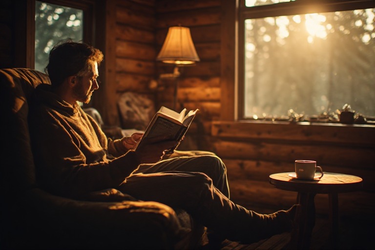 Person reading a physical book in a cozy cabin chair without any devices, representing deliberate and intentional living