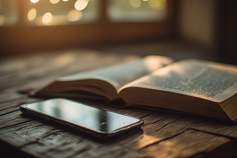 Phone on a table next to an open book, symbolizing the choice to prioritize focus over digital distraction