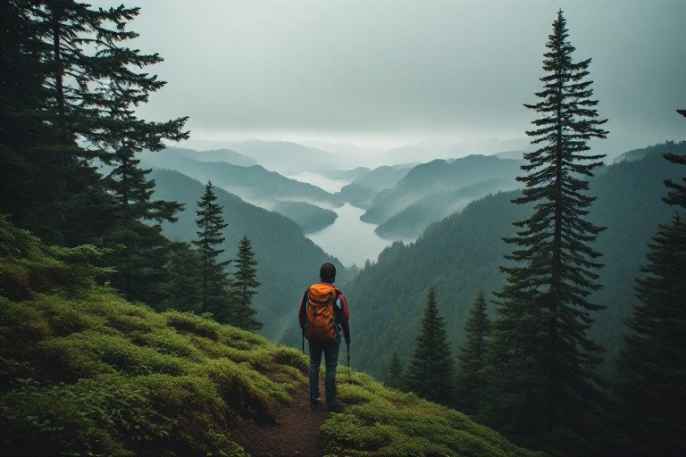 Hiker standing on a trail in the Columbia River Gorge overlooking a misty green valley without a phone, enjoying the Pacific Northwest scenery