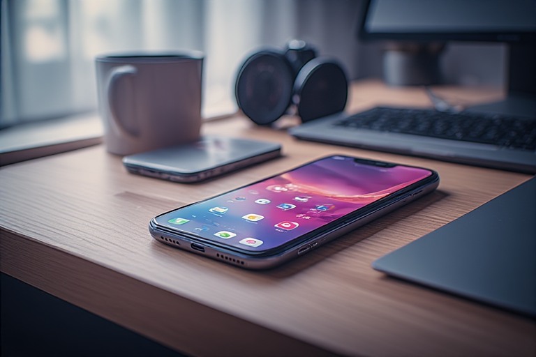 A modern smartphone on a clean desk, screen uncluttered, minimal icons