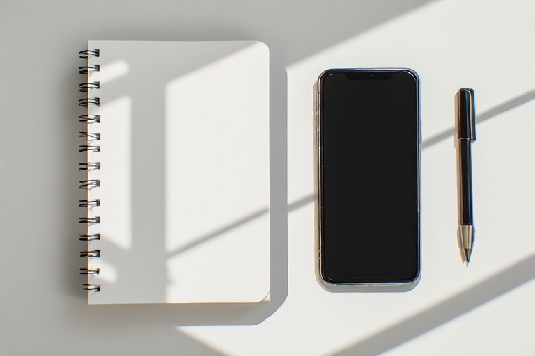 A phone placed beside a notebook and pen — symbolic disconnection.