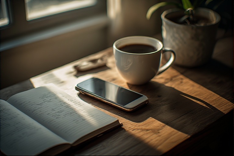 A calm morning scene: phone turned off beside a cup of coffee and journal.
