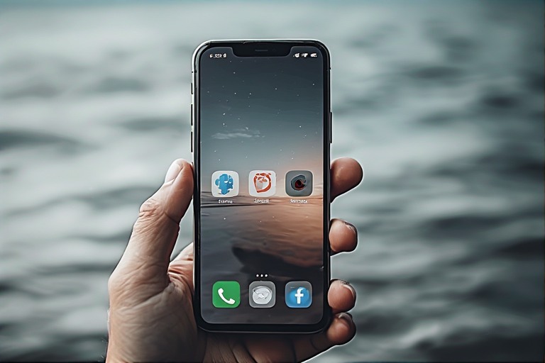 Phone with extremely minimal home screen — neutral wallpaper, few icons.
