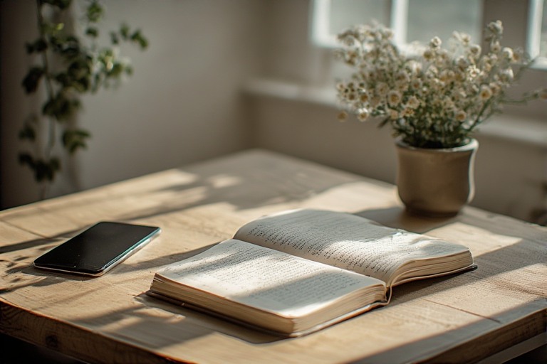 Phone placed aside while focus is on a book or notebook — attention reclaimed.
