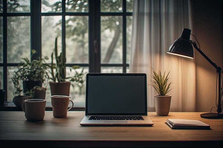 minimalist desk with laptop, clean organized workspace