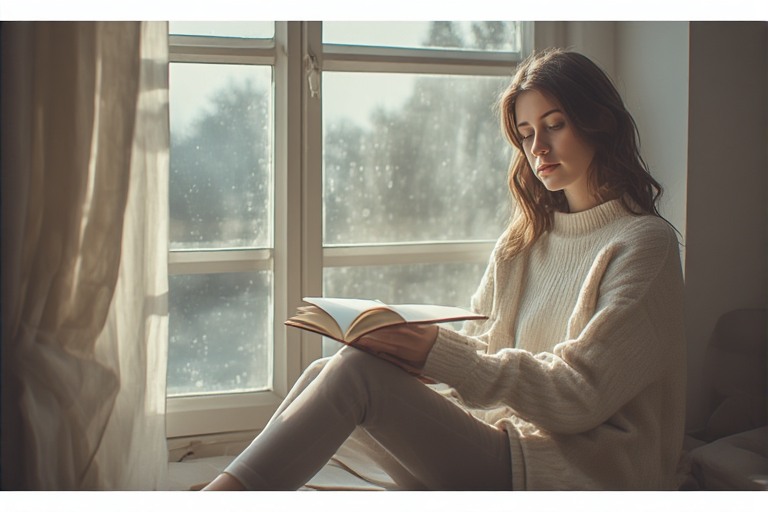 person sitting quietly by a window, reading a book