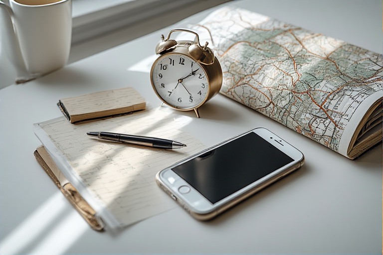 notebook, pen, analog alarm clock, folded paper map, and a smartphone