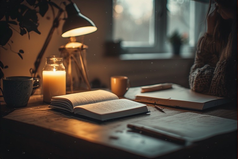 Minimalist desk, open book, representing reflection