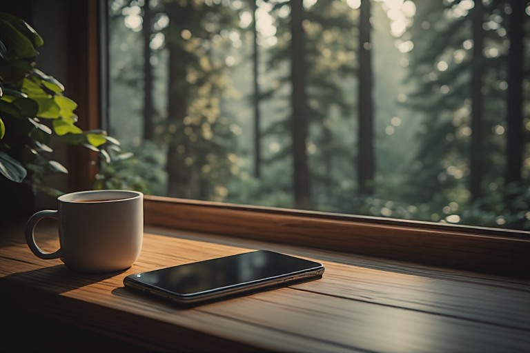 "A smartphone resting on a windowsill, illustrating the idea of device minimalism"