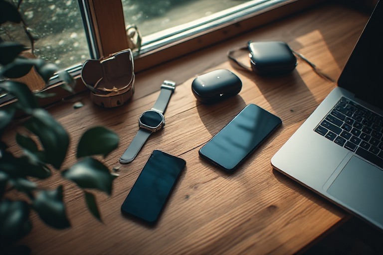 Flat lay of essential everyday devices including a smartphone, smartwatch, earbuds, tablet, and laptop arranged neatly on a wooden desk