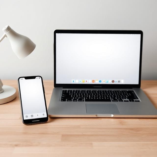 A smartphone and laptop with matching simple home screens, representing a coordinated device ecosystem