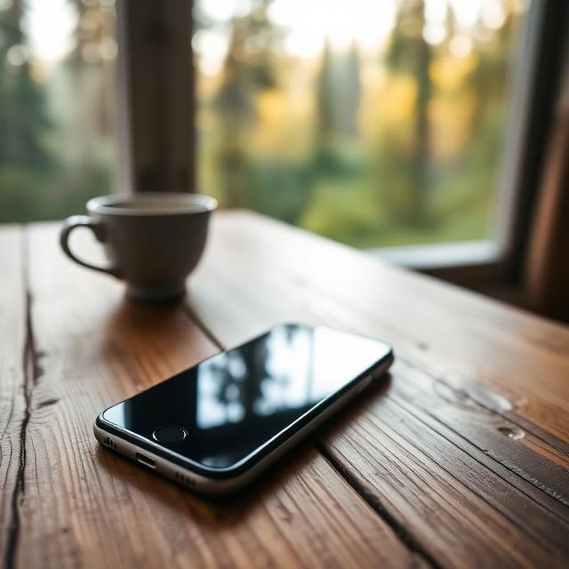 A smartphone resting on a table beside a cup of coffee, symbolizing intentional phone us