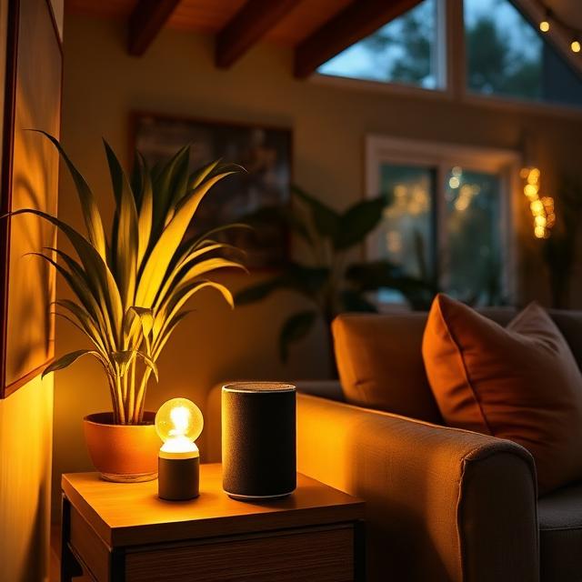 A cozy living room with a smart speaker and smart lamp, illustrating a simplified smart home setup