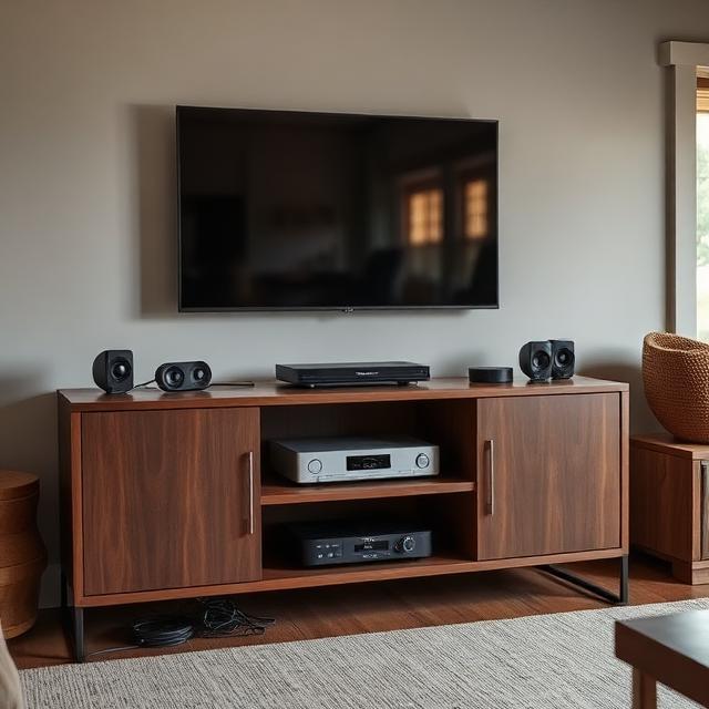 A tidy media console with one streaming device and neatly organized cables beneath a mounted television