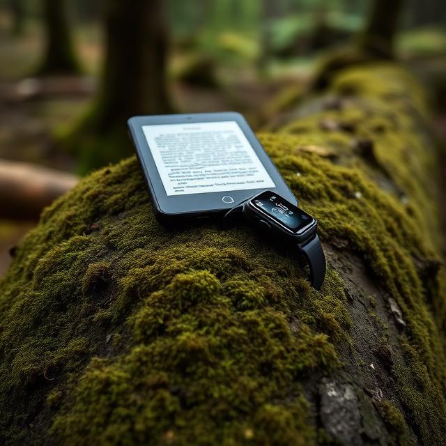An e-reader and smartwatch resting on a moss-covered log in a forest setting