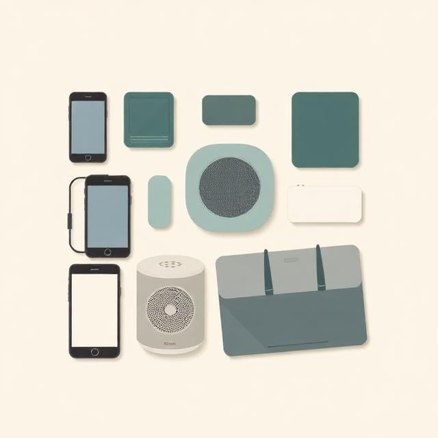 Flat-lay illustration of everyday connected devices reviewed in a home network audit